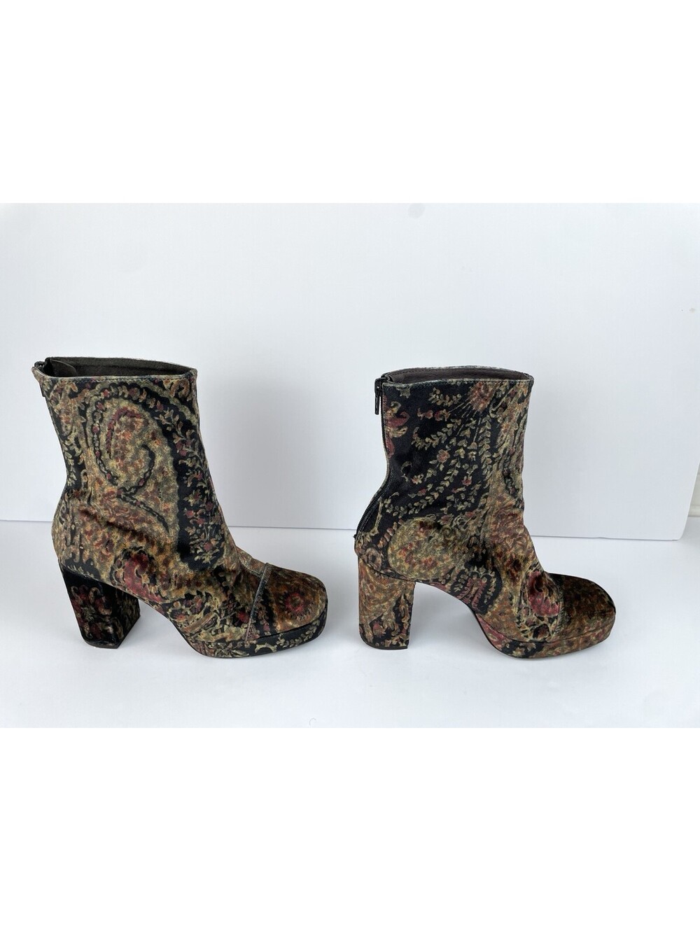 Free People Velvet Paisley Platform Ankle Boots Tapestry Chunky Heel 39 US 9